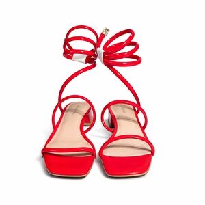 Red Strappy High Heel Sandals Square Toe Wrap Ankle Heels Women Size 8.5